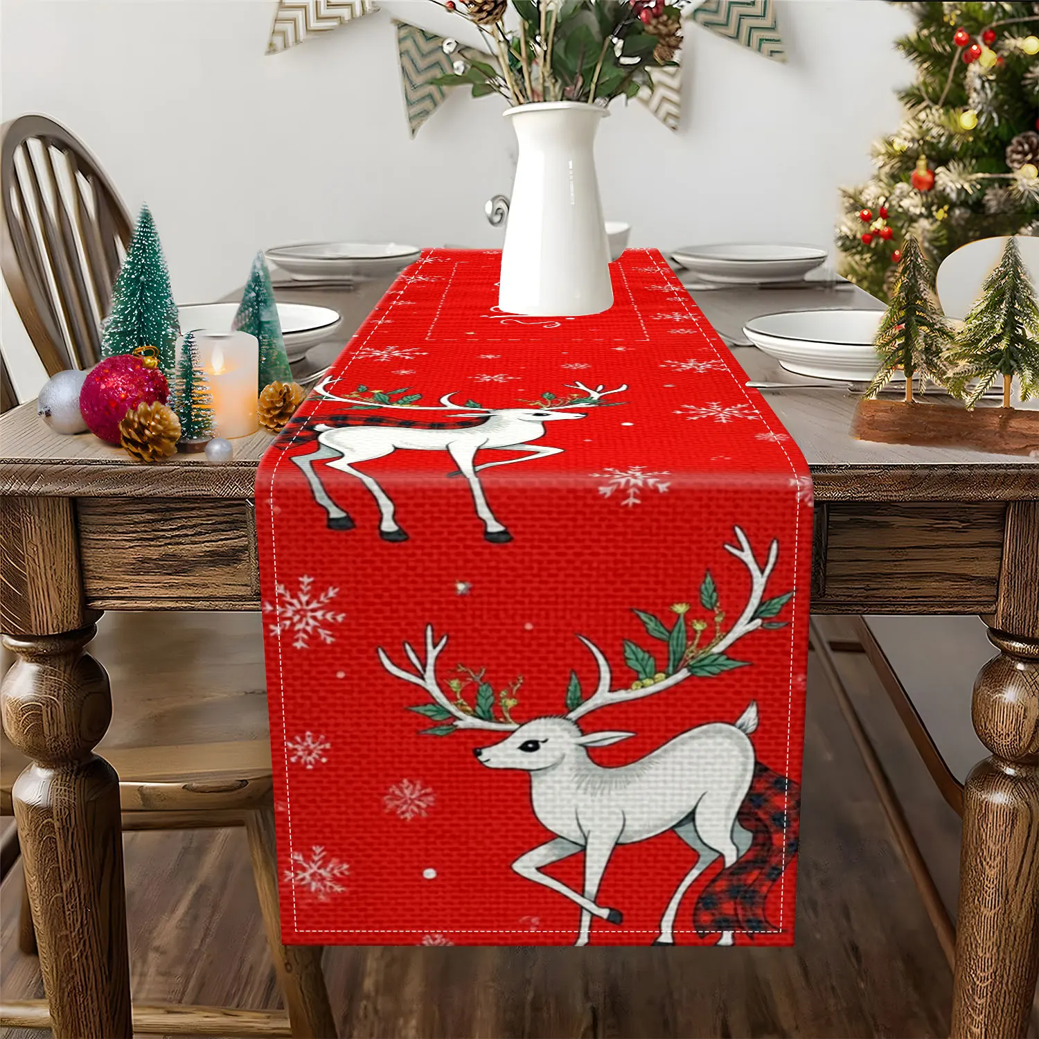قطعة واحدة من مفرش طاولة بطابع عيد الميلاد مع أنماط الأيائل وندفة الثلج، مناسبة لحفلات عيد الميلاد ومشاهد تزيين المنزل الاحتفالي. #2