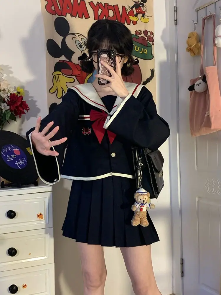 Jk เครื่องแบบชุดกะลาสีสีน้ําเงินเข้มชุดญี่ปุ่นกลางโรงเรียนสไตล์ชุดนักเรียน COS เครื่องแต่งกายสําหรับผู้หญิงแขนยาวอะนิเมะ