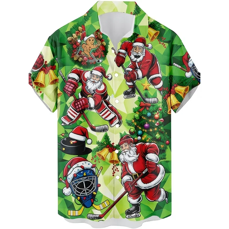 Xmas Skateboarding Santa Hawaiian Shirt Christmas Reindeer and Snowflake Print Mens Short Sleeve Button Up Shirts for Fun Day