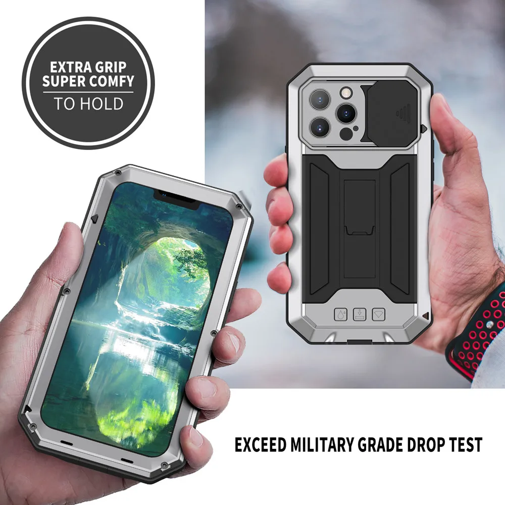 Heavy Duty Metal Aluminum Case For iPhone 14 13 15 Pro Max Military Grade Shockproof Bumpers Armor Kickstand Camera Slider Cases