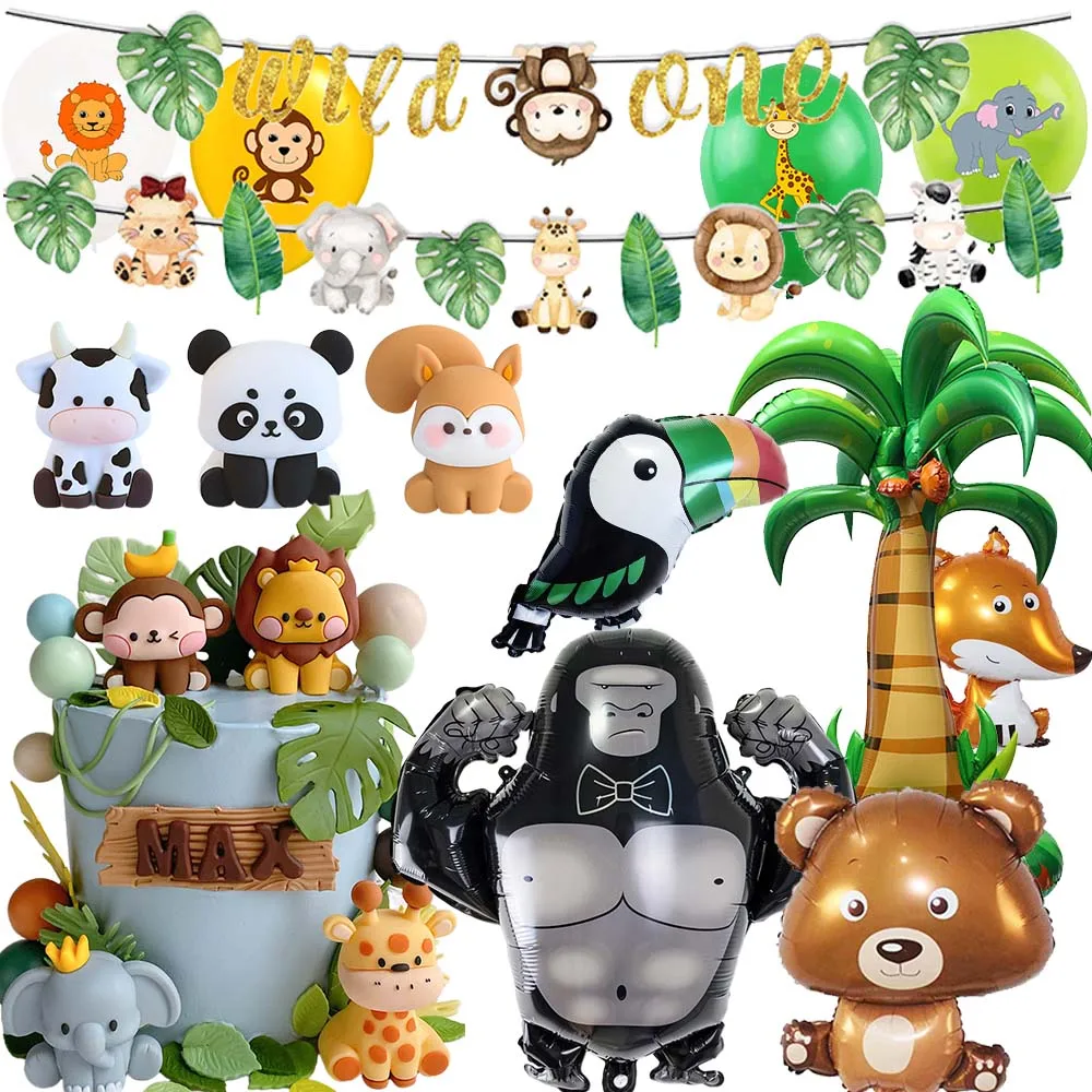 الغابة سفاري الحيوان الاطفال زينة عيد ميلاد الأسود النمور الزرافات كعكة توبر بالون راية لوازم استحمام الطفل