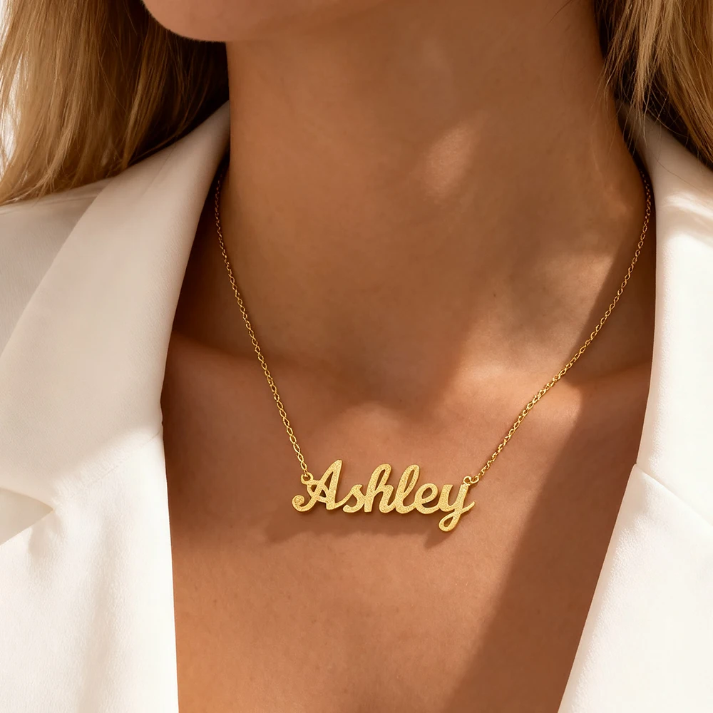 

Lemegeton Customized Bling Name Necklace Personalized Nameplate Pendant Sand-Blasting Stainless Steel Jewelry for Women Mom Gift