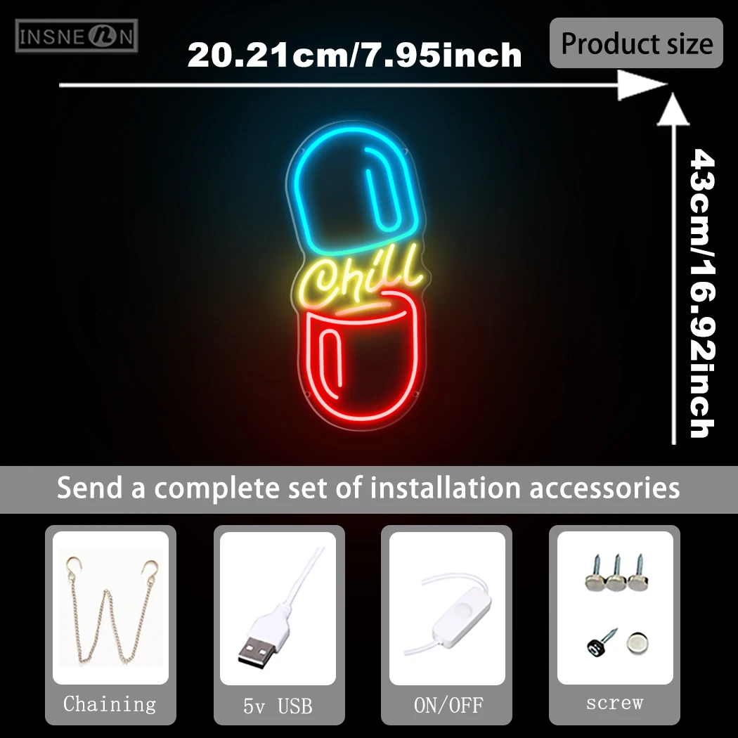 Chill Pill-letrero de neón LED para colgar en la pared, luz nocturna multiusos alimentada por USB, Lámpara decorativa para dormitorio, hombre, cueva, Bar, tienda