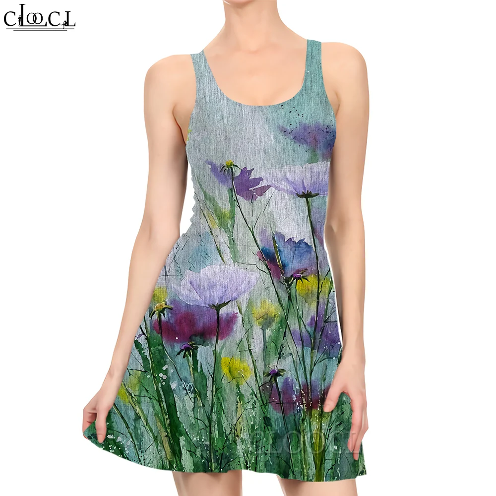 

CLOOCL New Fashion Women Mini Dress Beautiful Purple Flowers Pattern 3D Printing for Summer Female Sleeveless Short Dresses