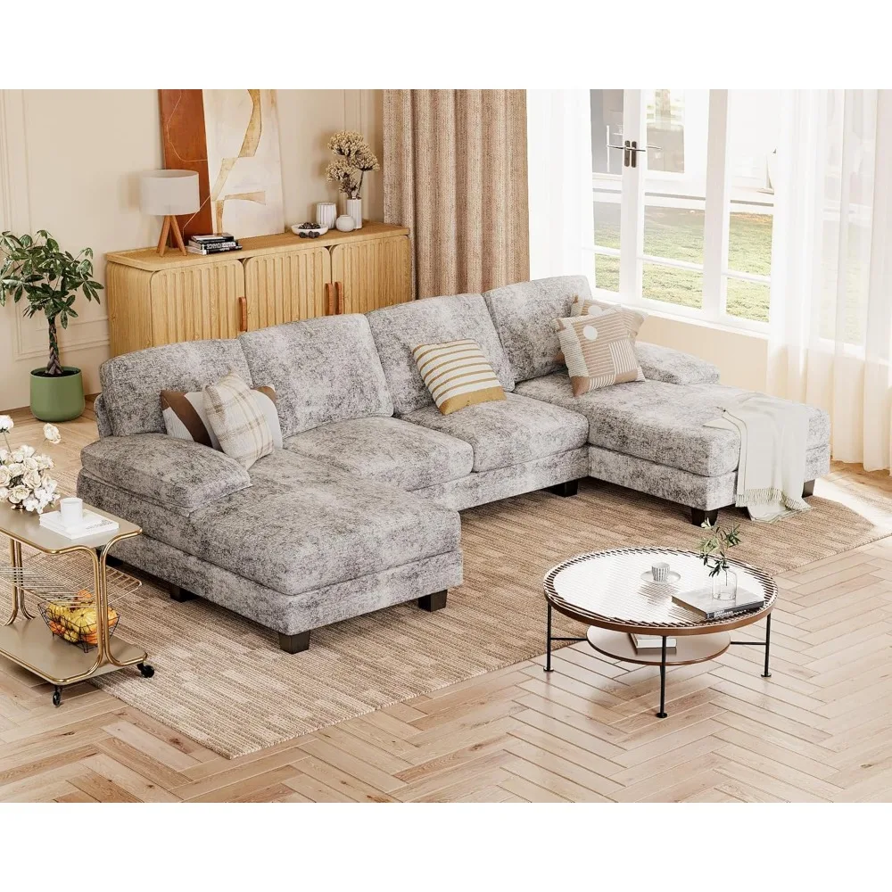 Sectional Couches for Living Room, U Shaped Couch with Chenille Fabric, 4 Seat Modern Sofa with Removable Pillows for Ap