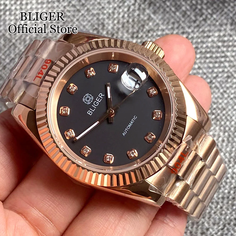 BLIGER 36mm 39mm NH35A Black Dial Diamond Index Automatic Mens Watch Sapphire Glass Rose Gold Fluted Bezel Steel Bracelet