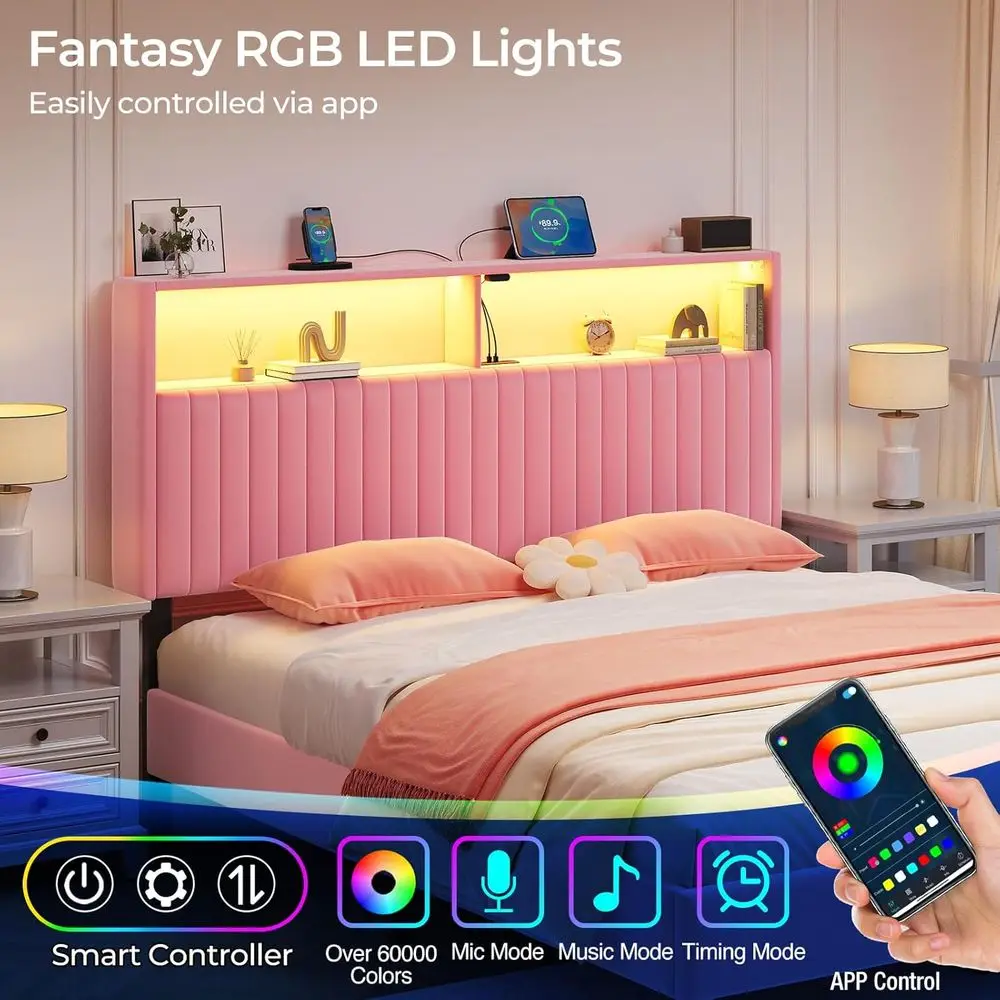 سرير كوين منجد مخملي DIY من DAFIFY مع مساحة تخزين، منافذ USB ونوع C، 60,000 لون LED، ارتفاع قابل للتعديل، سهل التجميع، P