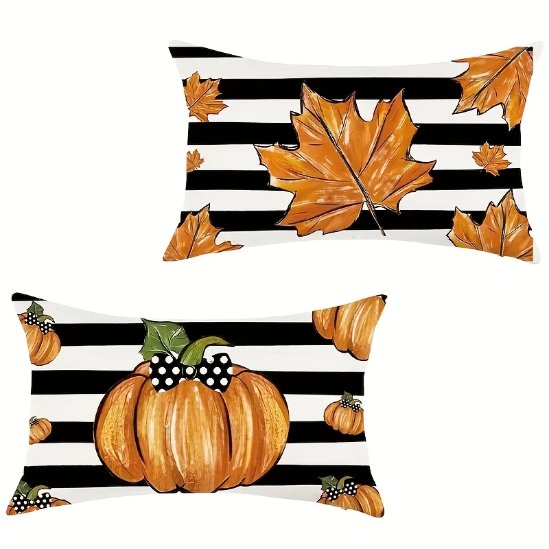 2D FLAT-2pcs Fall Pumpkin Maple Leaf Striped Pillow Covers Pillowcase sofa cushion cover family bedroom room decoration