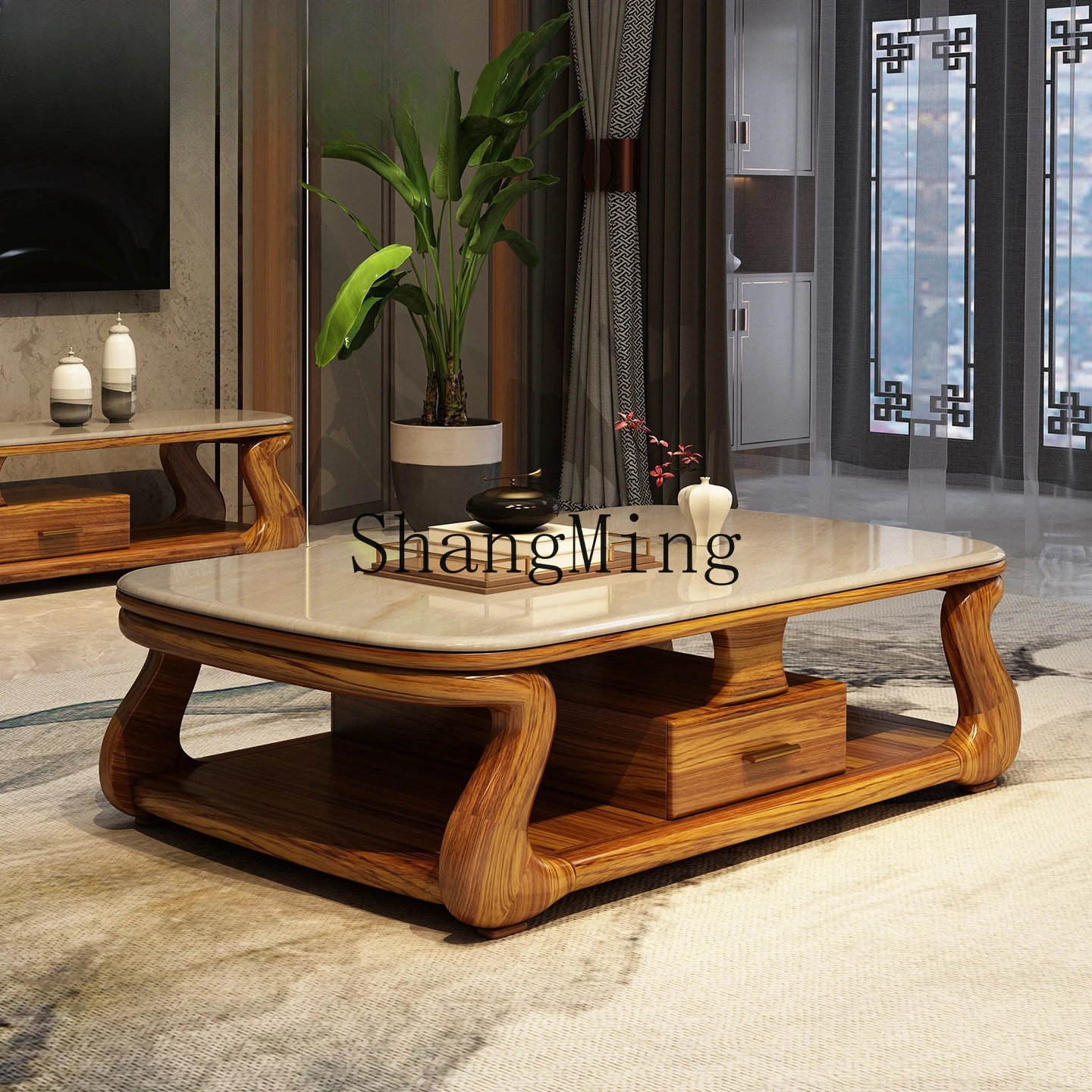 

CL New High-End Ebony Wood Coffee Table Living Room Tea Solid Wood Marble New Chinese Style Villa Whole House Furniture