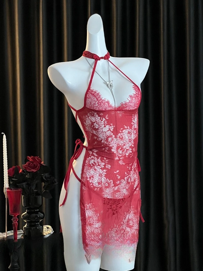 

Прозрачная ночная рубашка в стиле Cheongsam с кружевным вырезом в стиле ретро, сексуальное прозрачное нижнее белье, романтическая женская одежда для сна на шнуровке