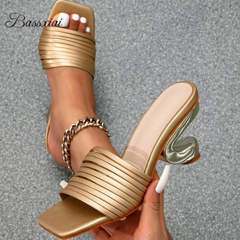 

Летние сабо на индивидуальном странном каблуке с открытой пяткой, пикантные женские сандалии без шнуровки с узким ремешком