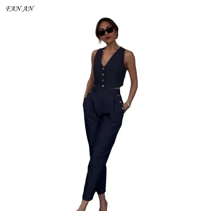 

2024 Summer Early Autumn New Fashion Solid Colors Are Commuter Temperament Vest Jacket Casual Pants Two-piece Women's Suit