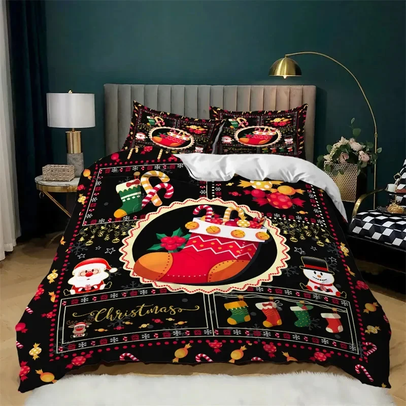 

Christmas Socks Twin Queen Duvet Cover Santa Claus Trees Bedding Set Microfiber Cartoon Comforter Cover For Teens Adults Decor