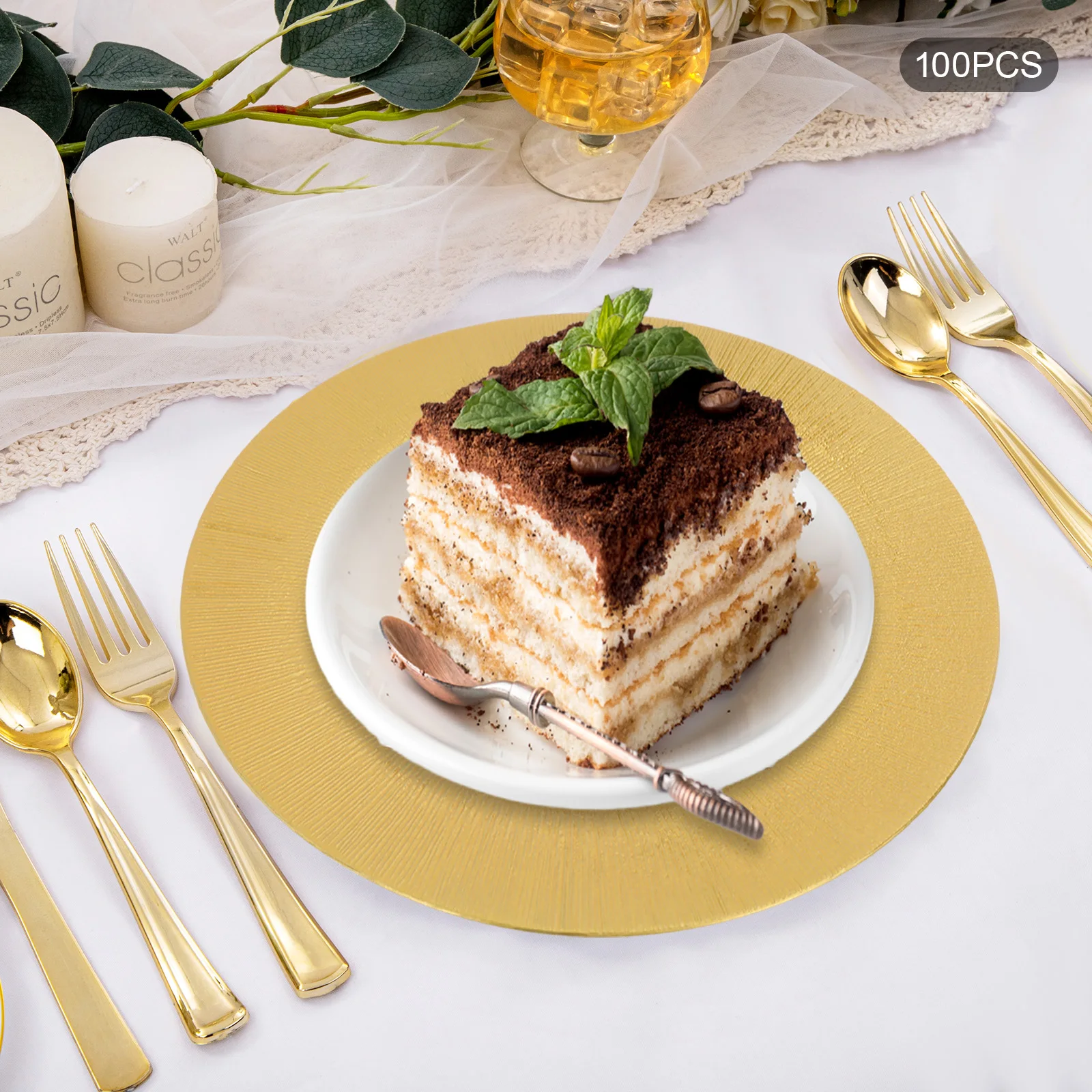 100Pcs Gold Disposable Dinner Plates,13 Inch PP Material,Disposable Pastry Trays,Suitable for Daily Dinners,Parties,Banquets and Various Events