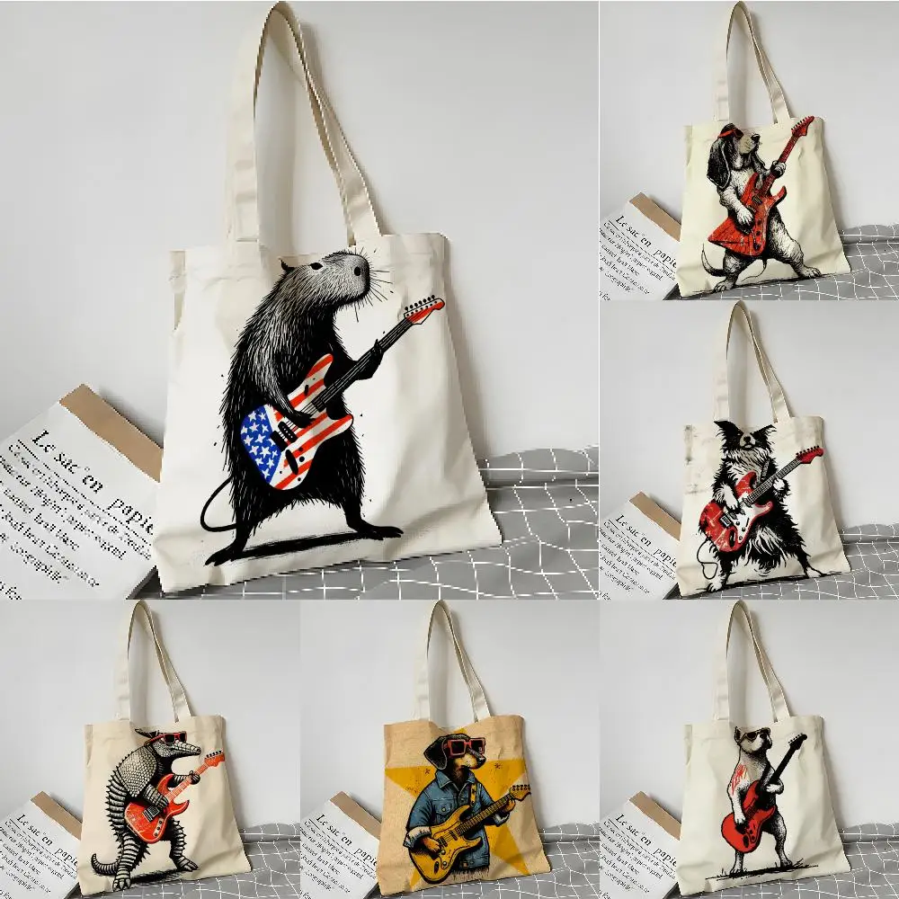 Quirky Animal Guitar Storage Bags Reusable Large Capacity Shopping Bag for Daily Use Grocery Travel & Work