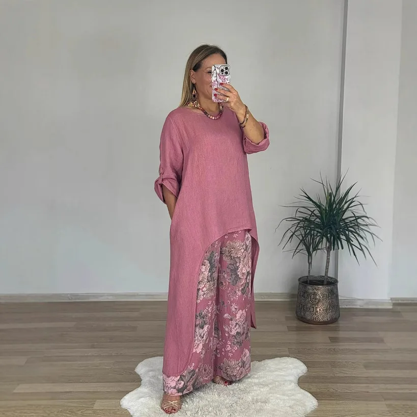 

Casual Solid Color Mercerated Long-sleeved Top And Printed Suit Women 2025 Autumn Loose Long Top Wide-leg Pants Suit For Women
