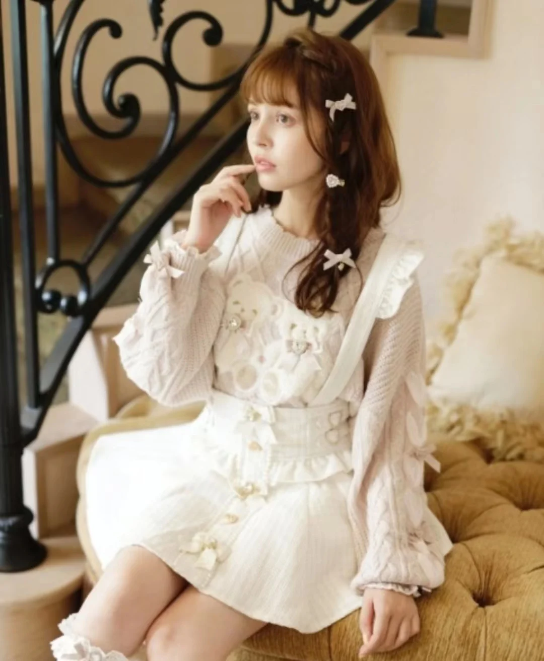 Truien Sweet Lolita Cartoon Pluche Beer Bunny Gebreide Truien Vrouwen Harajuku Boog Parel Lint Japanse Meisjes Truien Tops