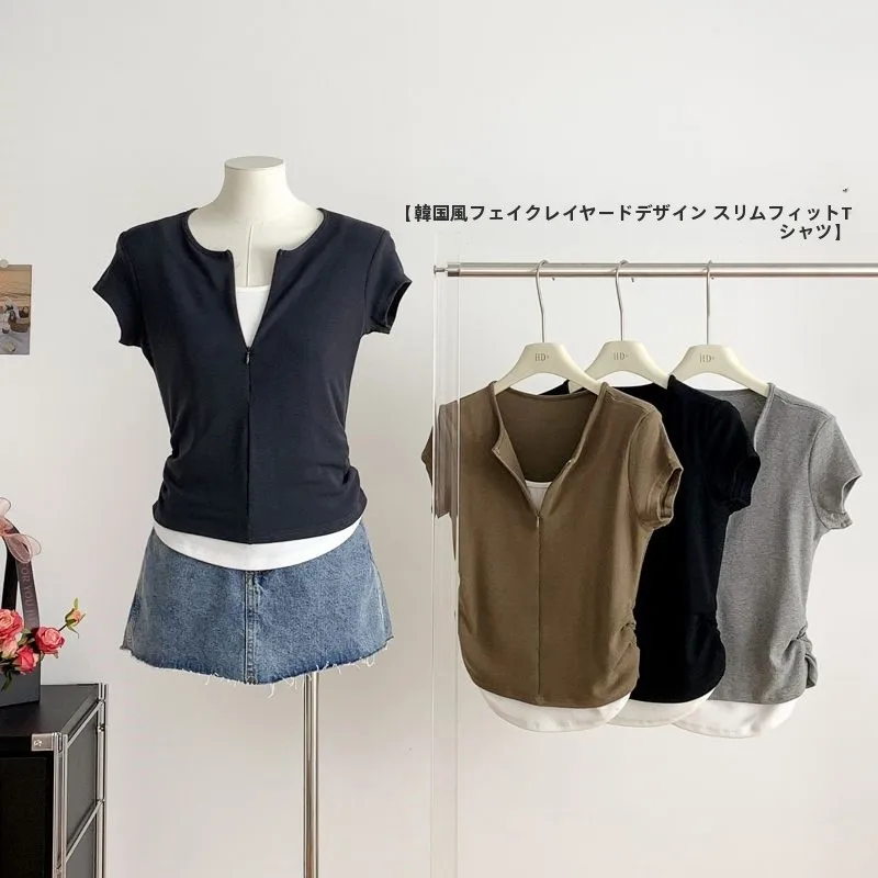 Summer 2026 Women's Short Sleeve T-Shirt Korean Style Half Zipper Slimming Design Shoulder-Length Polyester Casual Top