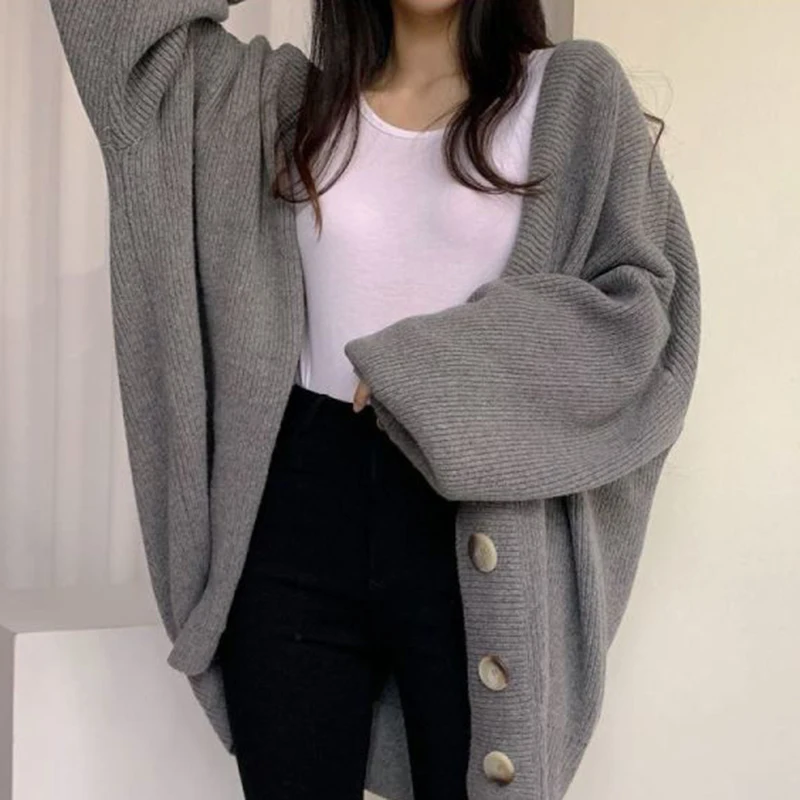 Rimocy Oversized Knit Cardigan for Women 2024 Korean Fashion Long Sleeve Sweater Woman Chic Single Breasted Loose Cardigan Coat