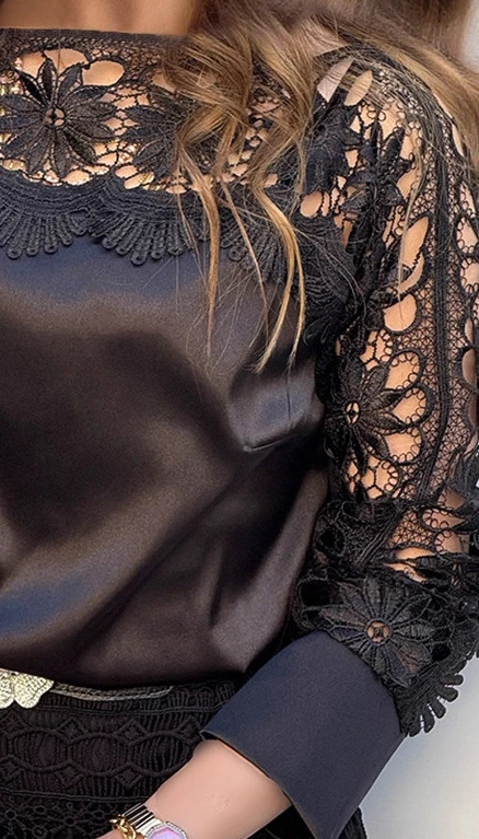 Women Fashion Casual Boat Neck Guipure Lace Patchwork Blouse Casual Hollow-out Satin Top