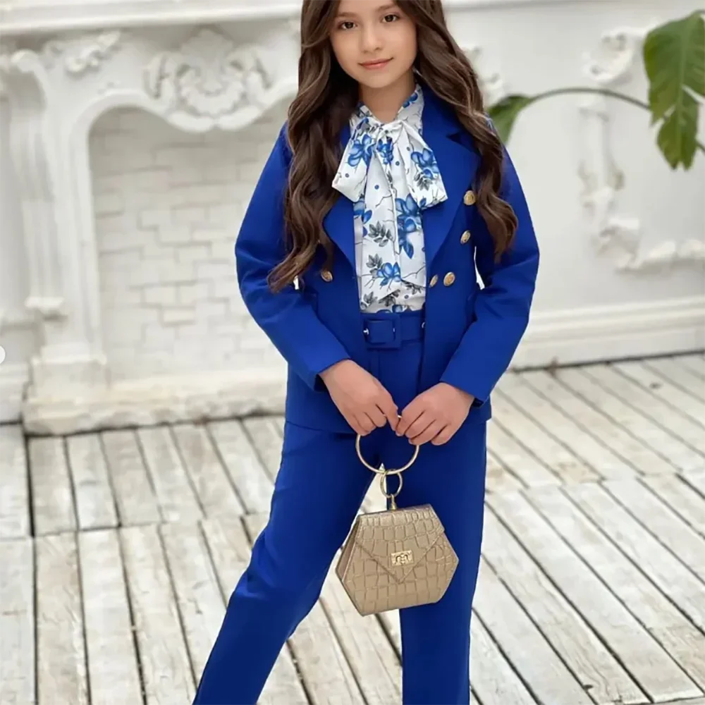 High Quality Royal blue Girls Blazer Double Breasted Lapel Kids Jacket+Pants Loose Formal Teenage Casual Outfits