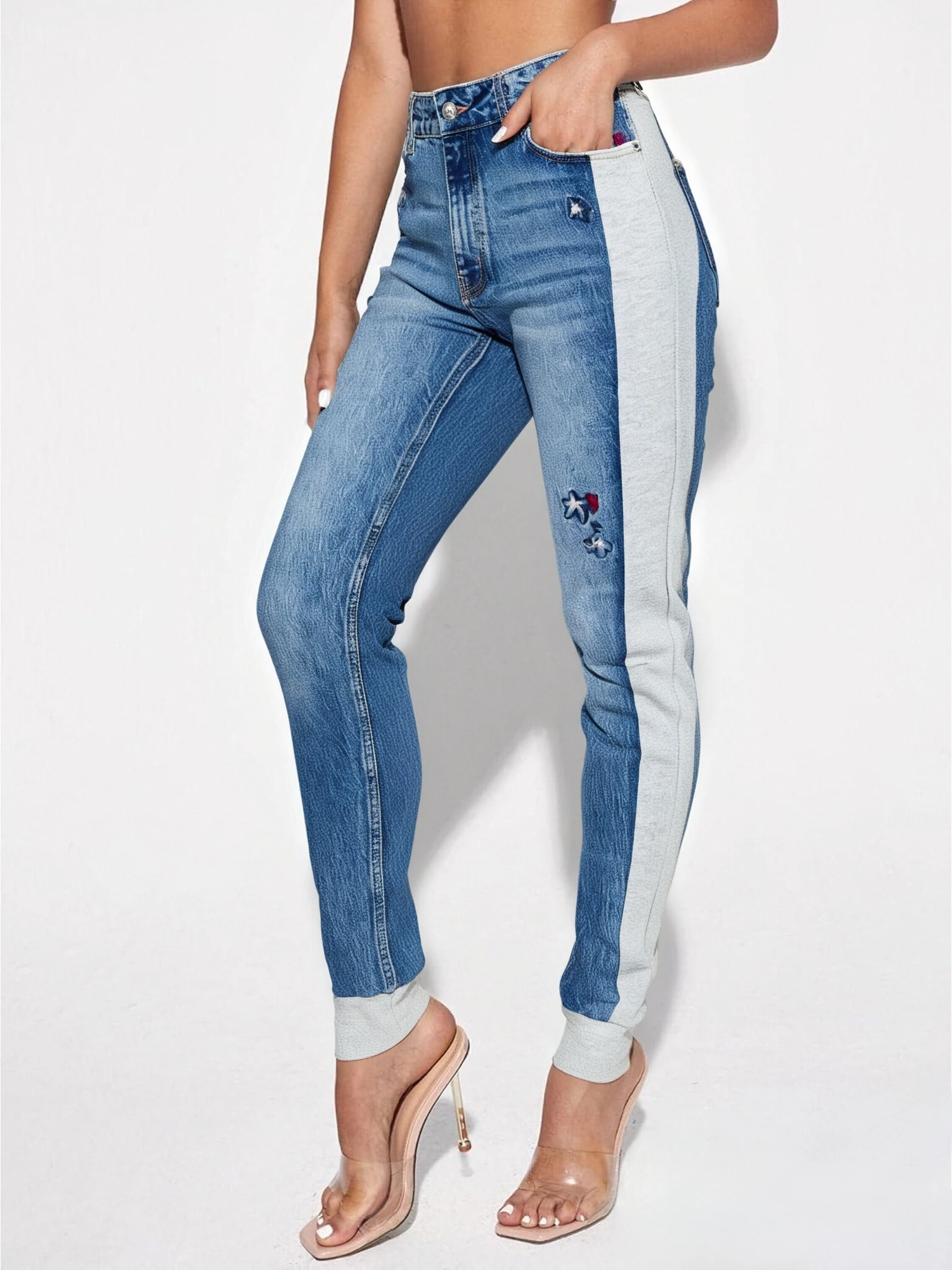 

Foreign Trade Spain Original Single Embroidered Small Flower Splicing Legged Women's Casual Jeans Light Luxury