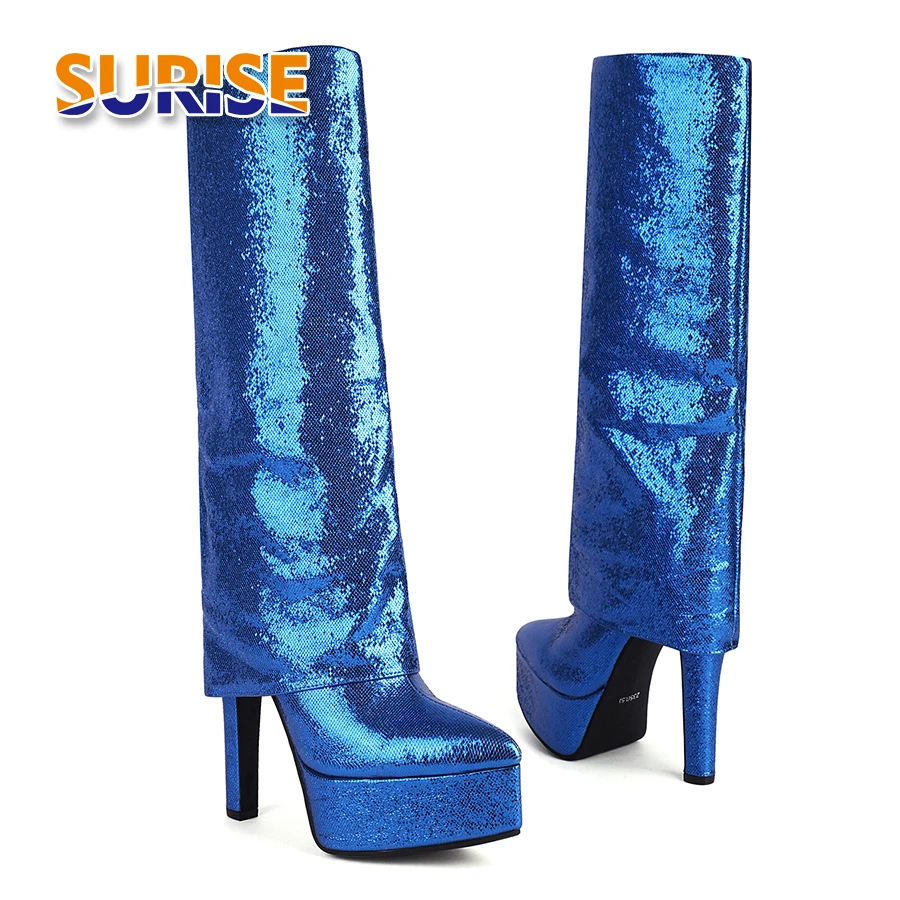 Trendy Women Knee High Skirt Boots Blue Silver Bling Microfiber Spike Heels Sexy Party Lady Pointed Toe Long Fold Platform Boots