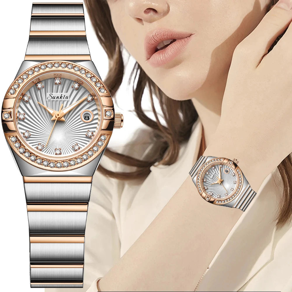 

SUNKTA Brand Luxury Women Watches Black Ceramic Diamond Ladies Watch Waterproof Quartz Wristwatch Relogios Femininos Clock Gift