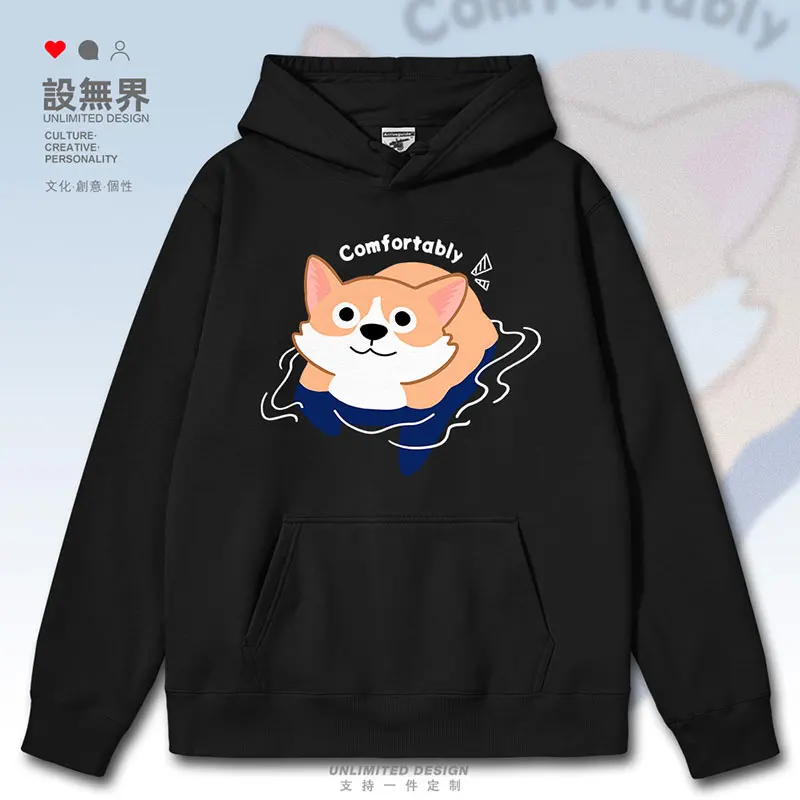 Original online celebrity pet dog corgi Q Cute swimming fun illustration mens hoodies for men casual men autumn winter clothes