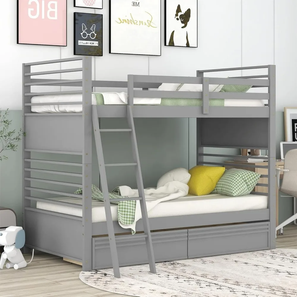 Twin Over Twin Bunk Bed with 2 Drawers, Guest Room Furniture, Ladder and Safety Guardrail, Solid Wood Twin Size Bed for Bedroom