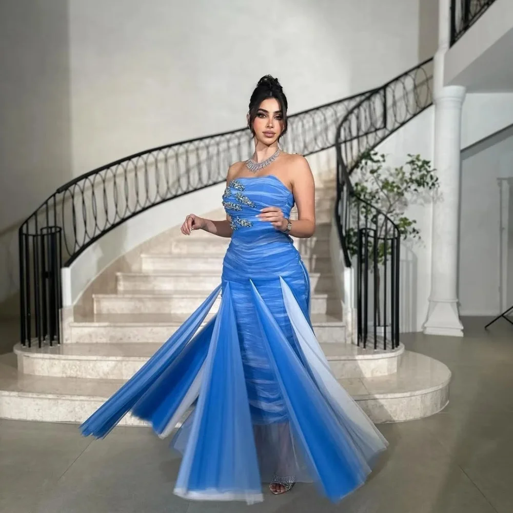 

Customized Exquisite Beading Women Prom Dress Sleeveless Charming Mermaid Boat Neck Party Dress Ruffles Women Evening Gown