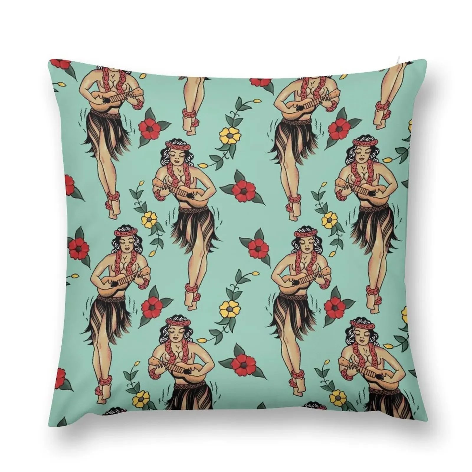 Jerry’s Traditional Aloha Hula Girls In Hawaii Pattern In Aqua Throw Pillow Christmas Pillow Covers Cushions pillow