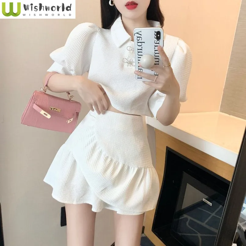 

Fashion Set Women's Spring/summer Korean Version Bubble Sleeve Top Ruffle A-line Short Skirt Two-piece Set