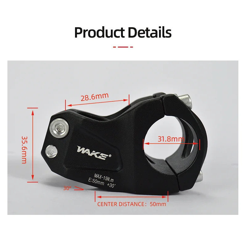 Wake MTB Mountain Bike Stem 30 Degree Aluminium Alloy 50mm for Road Bicycle Accessories BMX Cycling