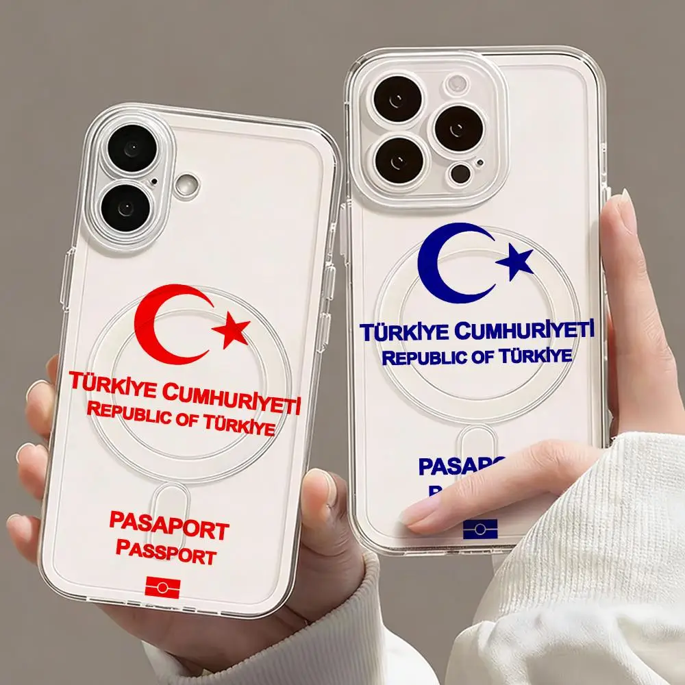 Turkey Passport Phone Case For iPhone 17 16 15 14 13 12 Pro Max Plus Magnetic Clear Case Slim Wireless Charging Cover