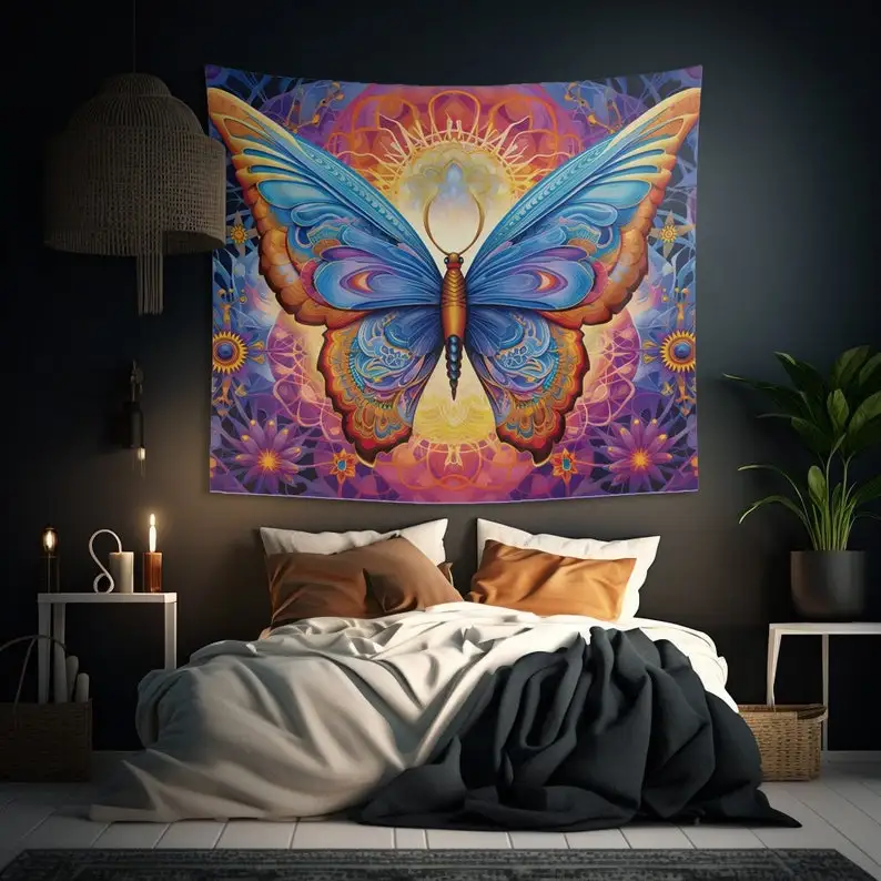 Psychedelic Butterfly Wall Tapestry Vibrant Colorful Aesthetic, Spiritual Altar Cloth, Animal Lover Gift Yoga Studio Decor