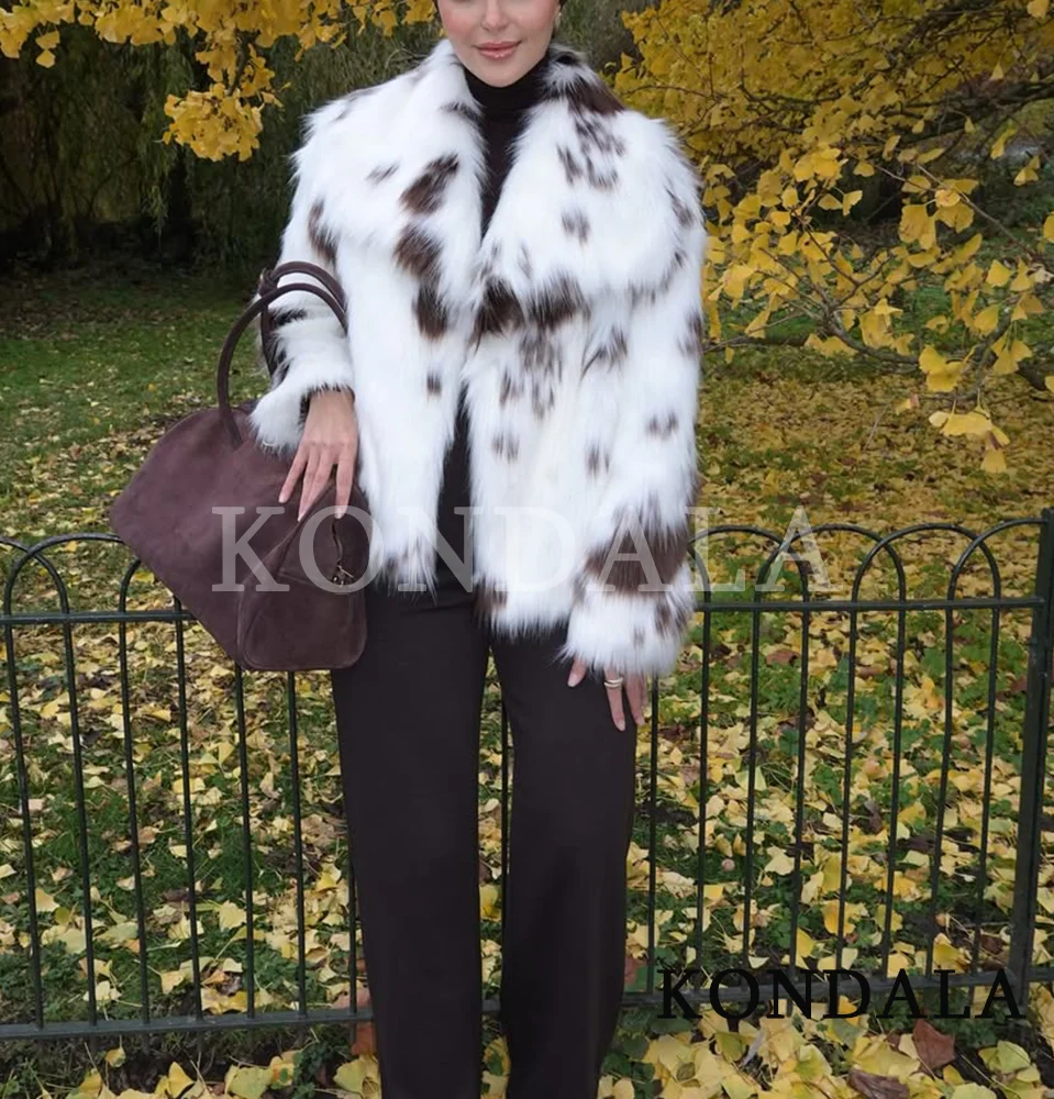 KONDALA femmes haute rue tacheté fourrure veste automne hiver revers fausse fourrure veste ample manteau 2026 à la mode élégant Chic femme manteau