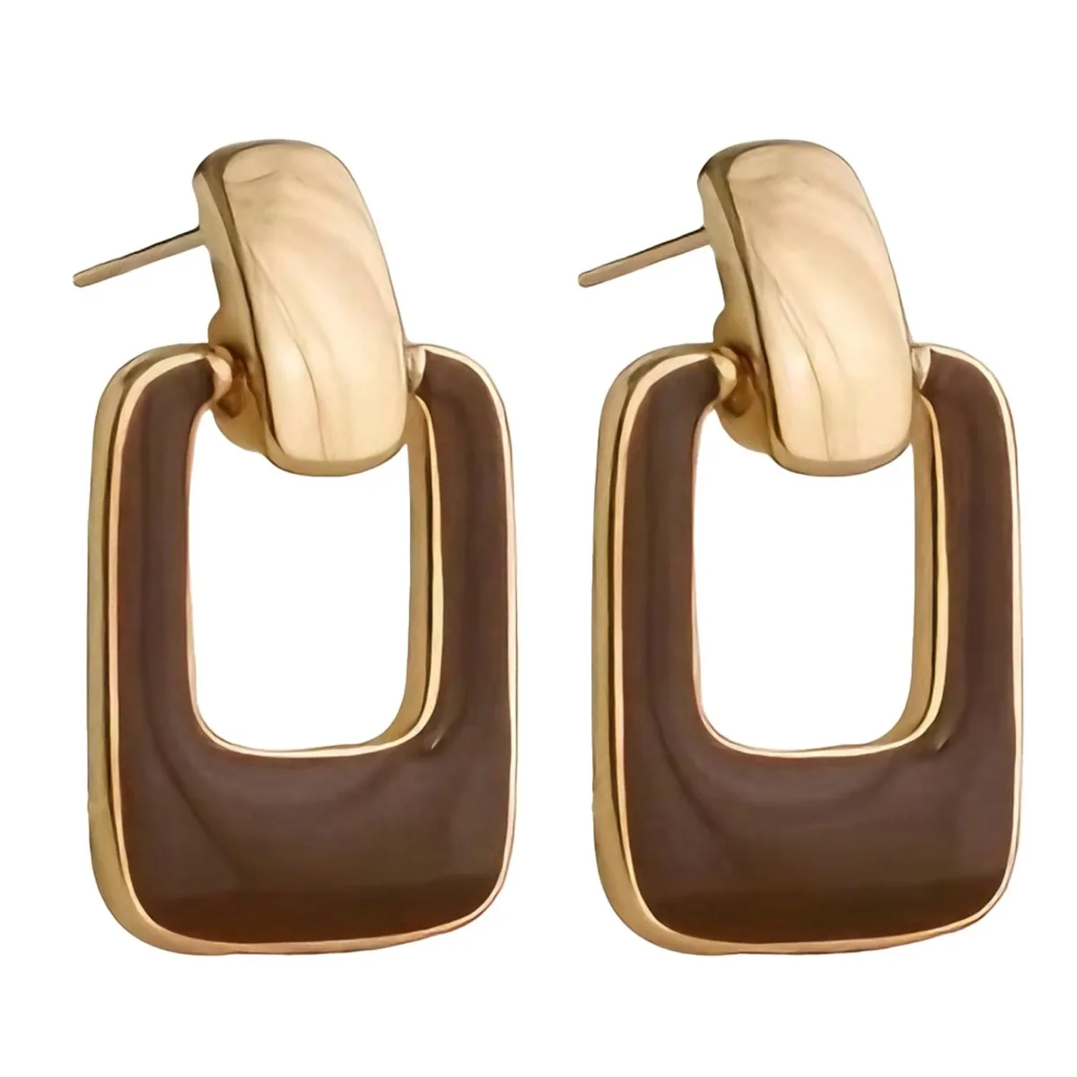 Two Tone Dark Brown Gold Square Geometric Dangle Stud Earrings For Women Stylish Minimalist Color Block Statement Ear Jewelry Lightweight Accessories For Daily Commute Travel Vacation Party Wedding Birthday Holiday Gifts For Ladies Girls