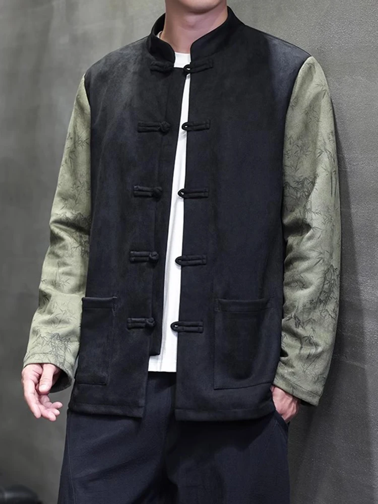 

Мужская замшевая куртка в стиле ретро с пэчворком, весна-осень, новый китайский стиль, топ с воротником-стойкой, улучшенный трендовый дизайн Ханьфу