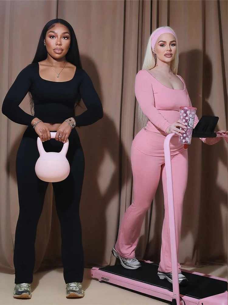 

InGrily Sporty Casual 2 Piece Set Women o-Neck Full Sleeve Crop Tops+Ruched Elastic Waist Pants Fashion Versatile Style Suit