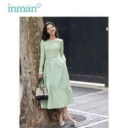 INMAN Women Fake Two Piece Dress 2023 Autumn Long Sleeve O Neck A-shaped Loose Pleated Stitching Design Fashion Elegant Skirt