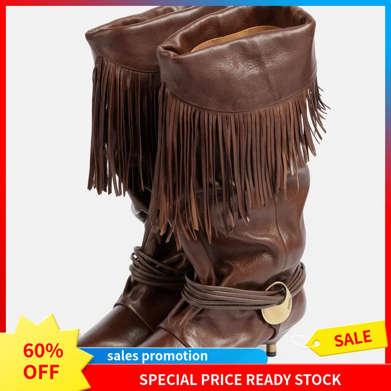 Botas de invierno para mujer, talla grande 34-43, con flecos y borlas, a media pantorrilla, para pantorrillas anchas, con caña arrugada, sin cordones, punta redonda, tacón fino de 6-8 cm, G623