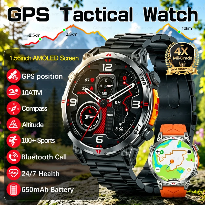 

2026 New Military GPS Tactics Smart Watch Men Outdoor Compass 10ATM Waterproof 650mAh Heart Rate Bluetooth Call Sports Bracelet