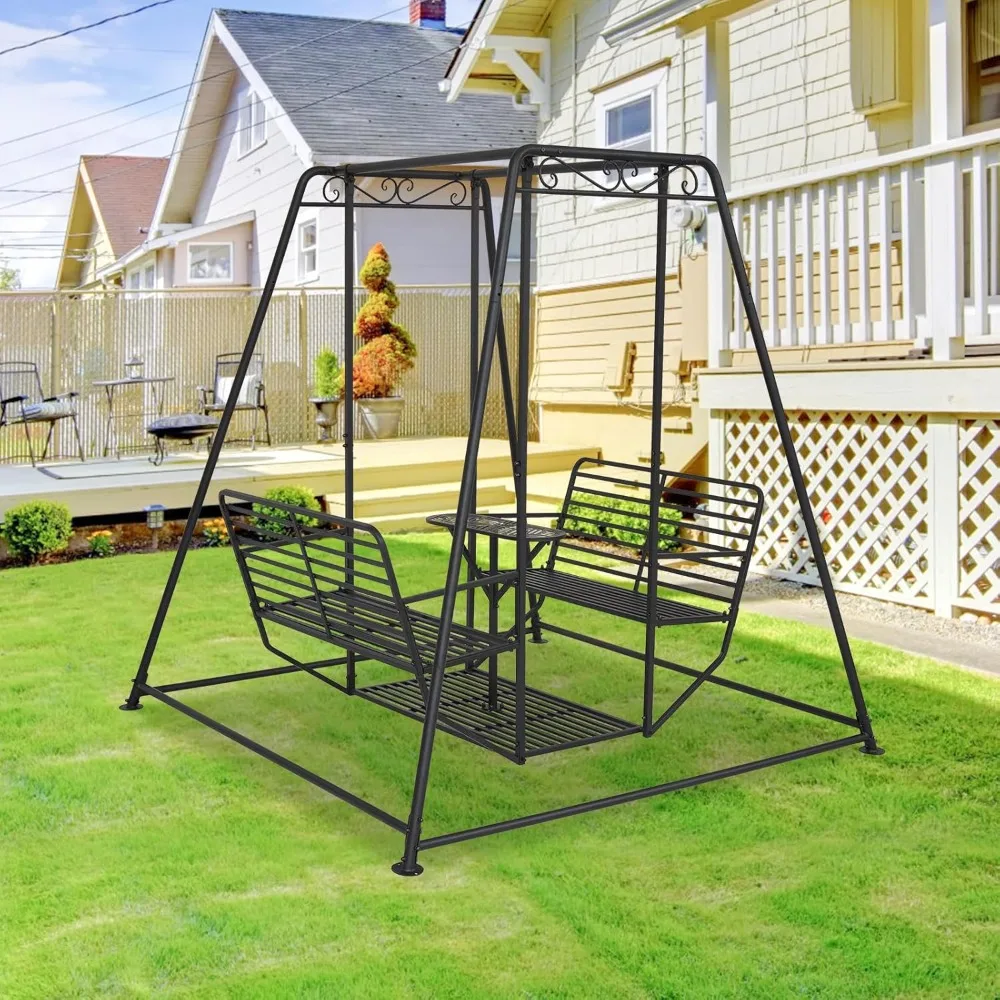 

4-Seat Outdoor Swing - Patio Swing Chair with Backrest and Table, Porch Swing with Stand and Steel Frame, Heavy Duty Outdoor