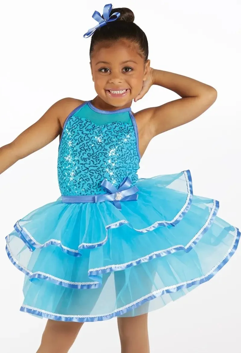 Women's Slate Gray Lyrical Dance Costume, Asymmetrical Chiffon Overlay Dress with Sequin Lace Bodice and Floral Appliqué, Custom
