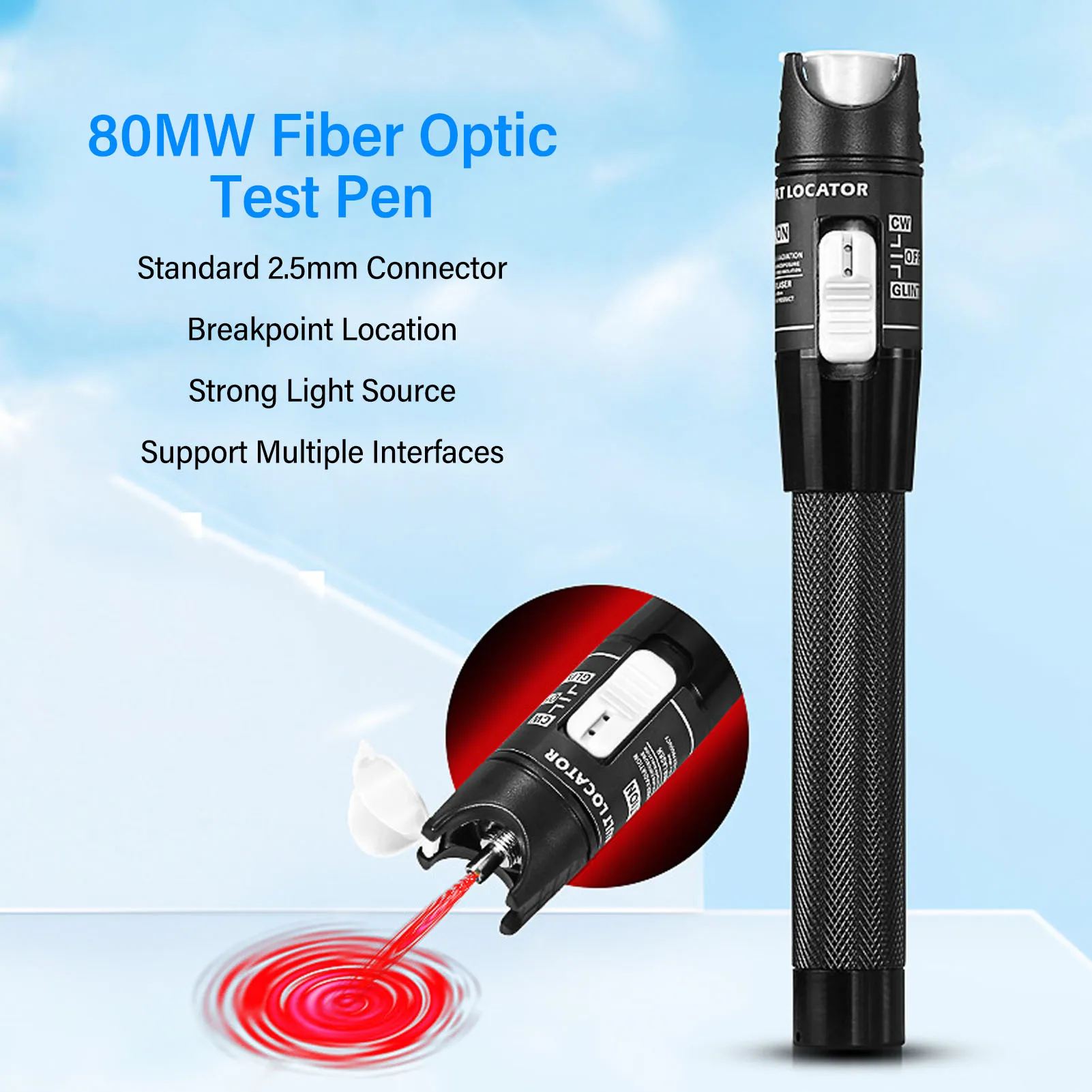 80km Visual Fault Detector 2.5mm Universal Connector Fiber Optic Test Pen 650nm±10nm Output 80MW for Breakpoint Detection