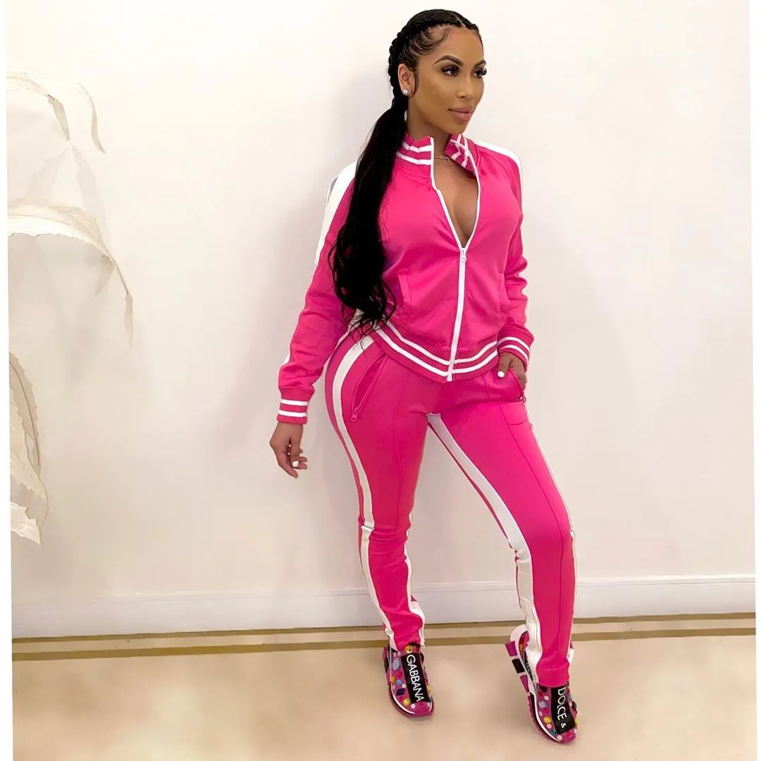 

Women's Street Tracksuit Two Piece Set Ladies Hollow Out Off Shoulder Zipper Jacket and Sexy Slit Pants Set Fashion Sports Suit