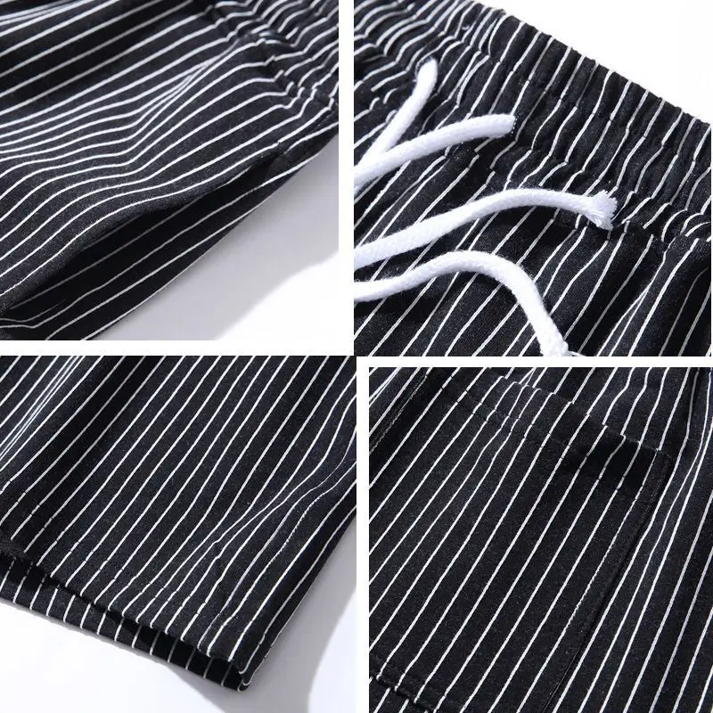 2024 New Summer High End Sports and Leisure Loose Drawstring Middle Waist Pocket Straight Striped Three Piece Pants for Men