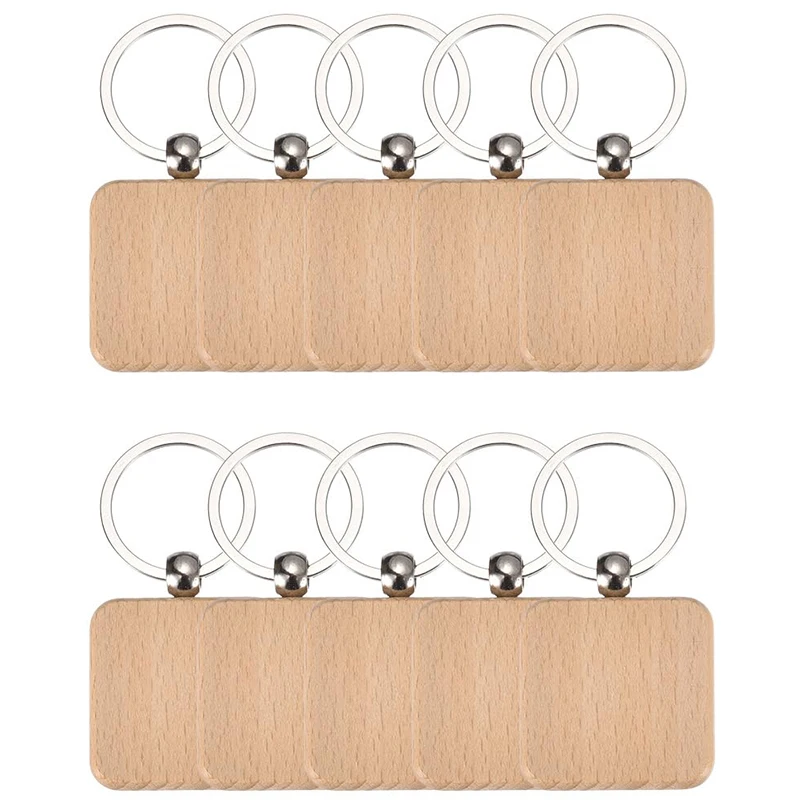 10Pcs Square Wooden Keychain Blank Wood Keyrings Unfinished Wooden Key Tag Ring for DIY Gift Crafts