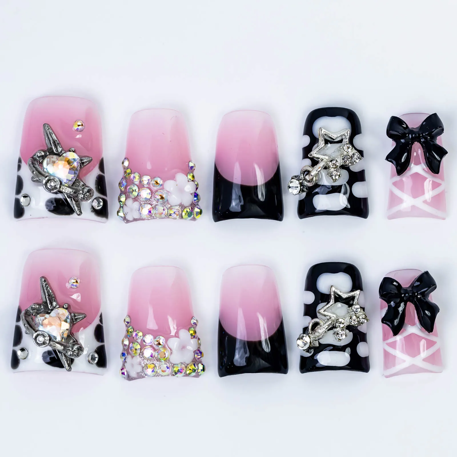 

Stellar Bow Duck Tip Press-On Nails 10 Pcs,Handmade 2025 Spring Zebra Print Nails With Black Bows, Stars & Spaceship Charms, Y2K